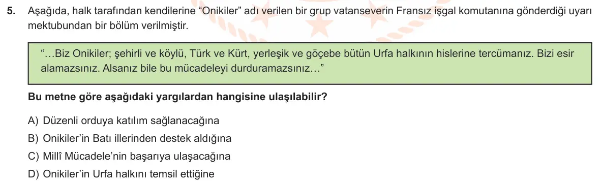 LGS Örnek Soruları Aralık 2019 Sözel T.C. İnkılap Tarihi ve Atatürkçülük 5. Soru görseli