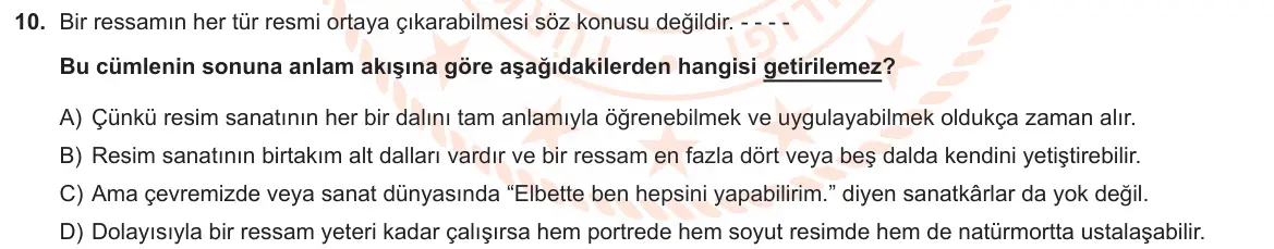 LGS Örnek Soruları Aralık 2019 Sözel Türkçe 10. Soru görseli