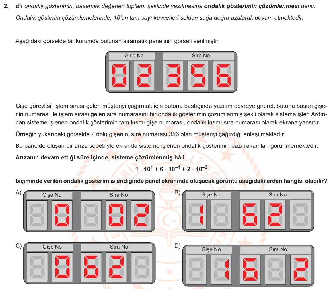 LGS Örnek Soruları Ekim 2019 Sayısal Matematik 2. Soru görseli