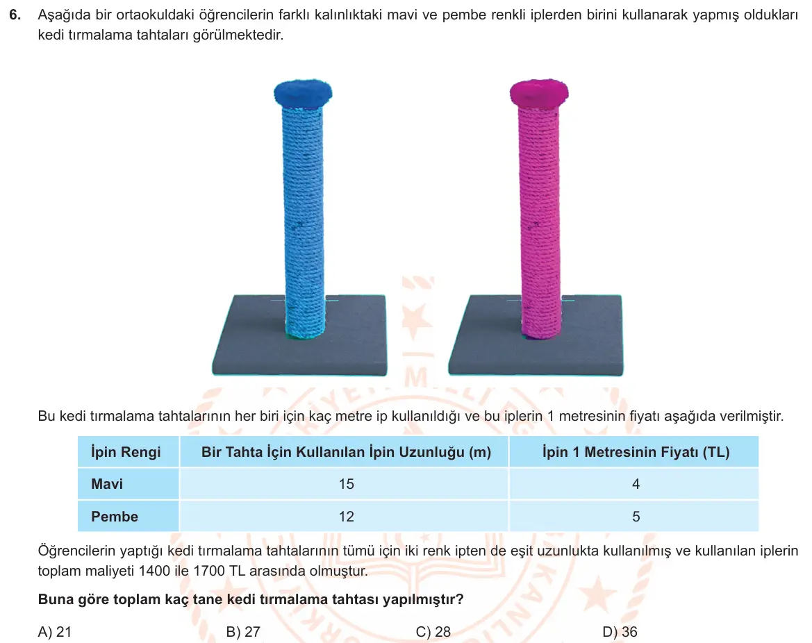 LGS Örnek Soruları Ekim 2019 Sayısal Matematik 6. Soru görseli