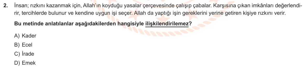 LGS Örnek Soruları Ekim 2019 Sözel Din Kültürü ve Ahlak Bilgisi 2. Soru görseli