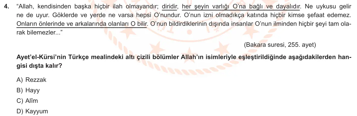 LGS Örnek Soruları Ekim 2019 Sözel Din Kültürü ve Ahlak Bilgisi 4. Soru görseli