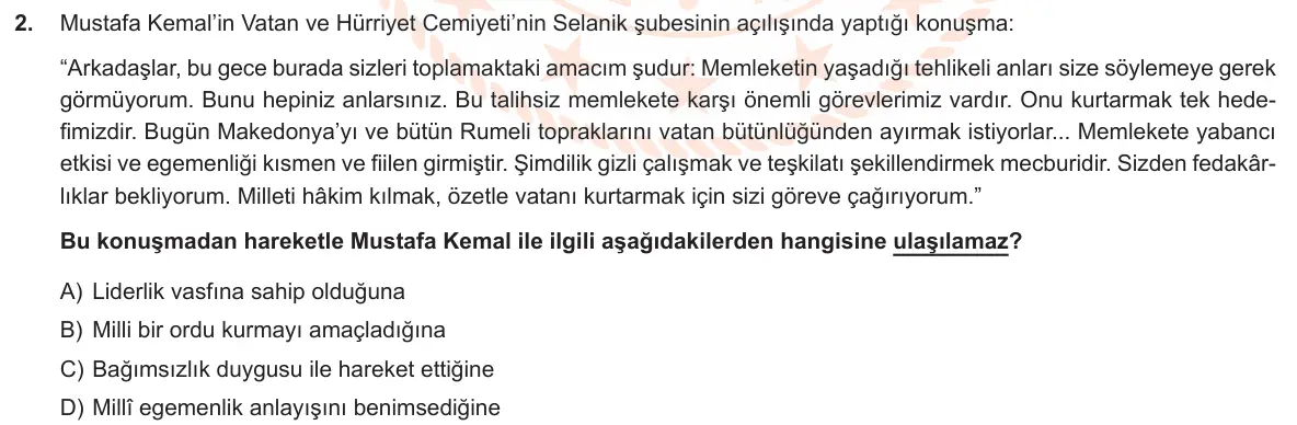 LGS Örnek Soruları Ekim 2019 Sözel T.C. İnkılap Tarihi ve Atatürkçülük 2. Soru görseli