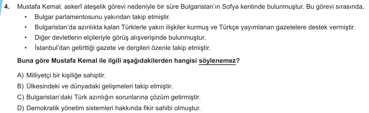 LGS Örnek Soruları Ekim 2019 Sözel T.C. İnkılap Tarihi ve Atatürkçülük 4. Soru görseli