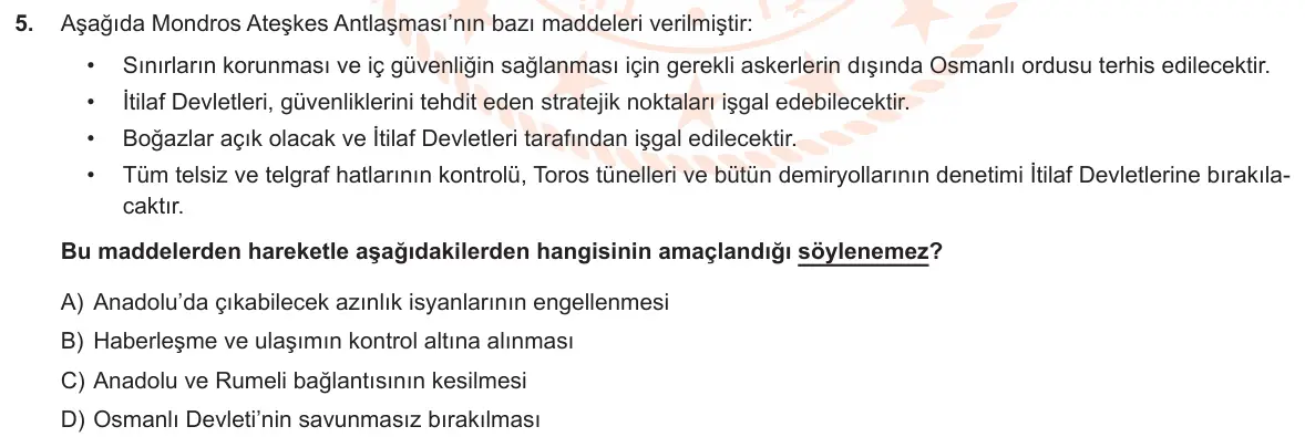 LGS Örnek Soruları Ekim 2019 Sözel T.C. İnkılap Tarihi ve Atatürkçülük 5. Soru görseli
