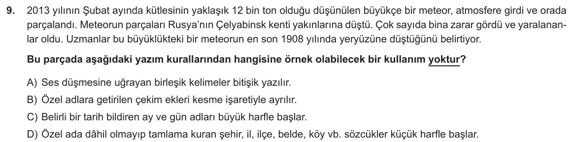 LGS Örnek Soruları Ekim 2019 Sözel Türkçe 9. Soru görseli