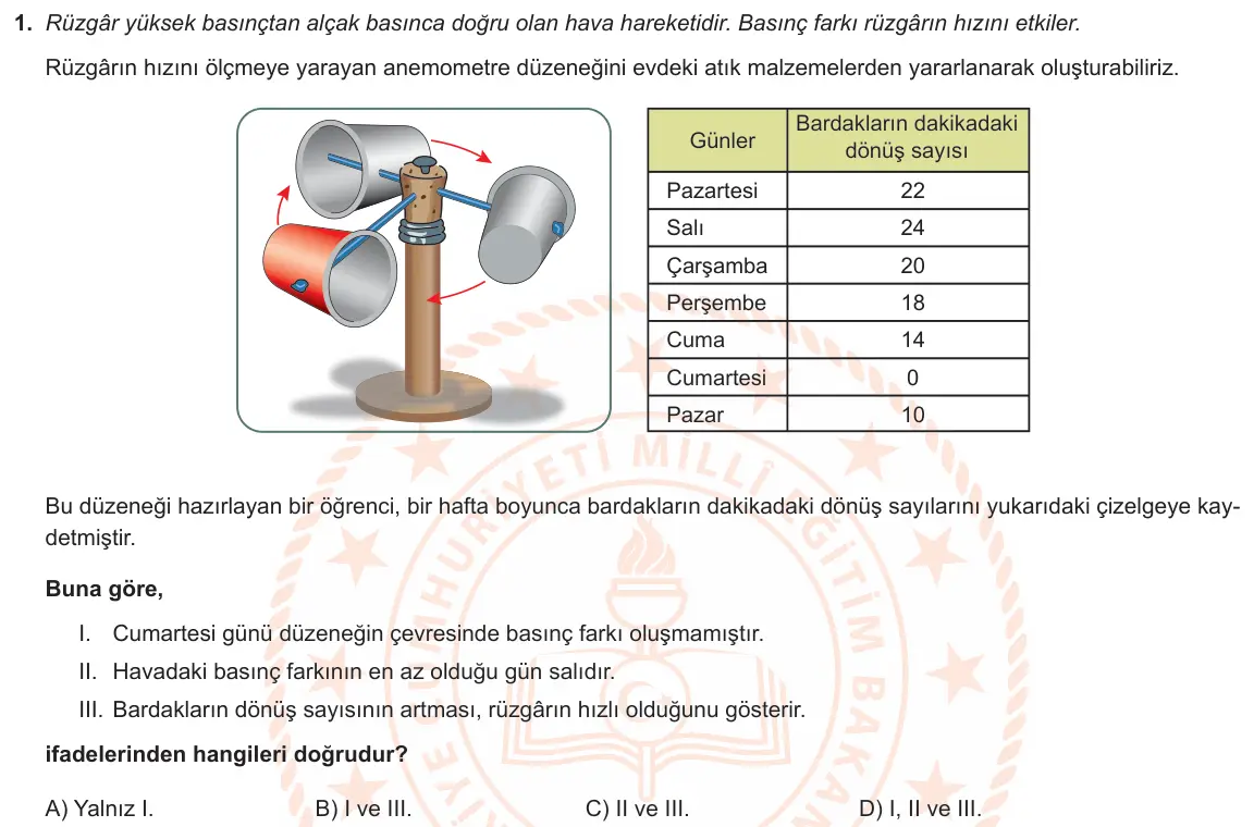 LGS Örnek Soruları Kasım 2019 Sayısal Fen Bilimleri 1. Soru görseli