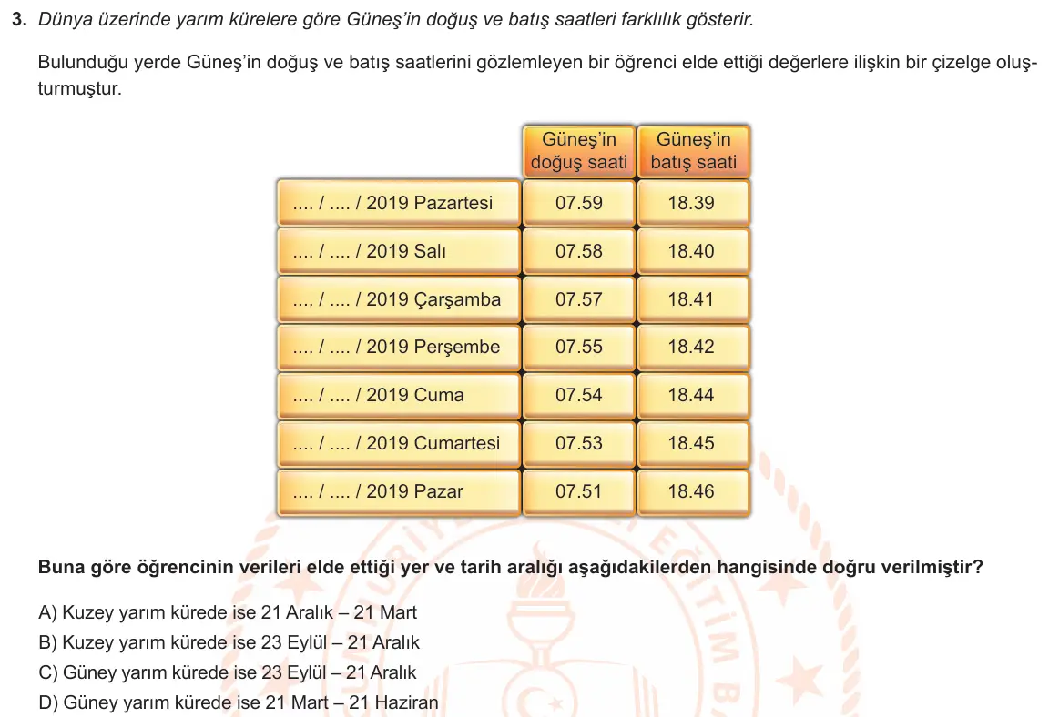 LGS Örnek Soruları Kasım 2019 Sayısal Fen Bilimleri 3. Soru görseli