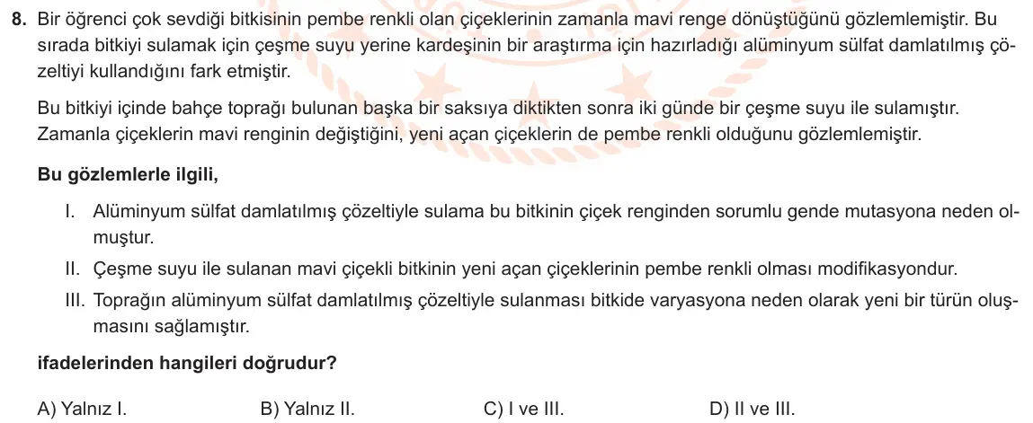 LGS Örnek Soruları Kasım 2019 Sayısal Fen Bilimleri 8. Soru görseli