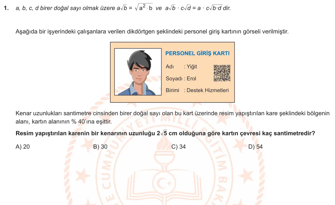 LGS Örnek Soruları Kasım 2019 Sayısal Matematik 1. Soru görseli
