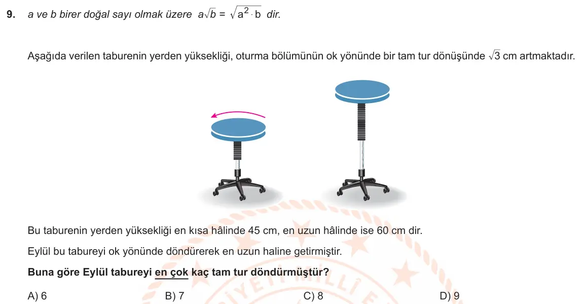 LGS Örnek Soruları Kasım 2019 Sayısal Matematik 9. Soru görseli