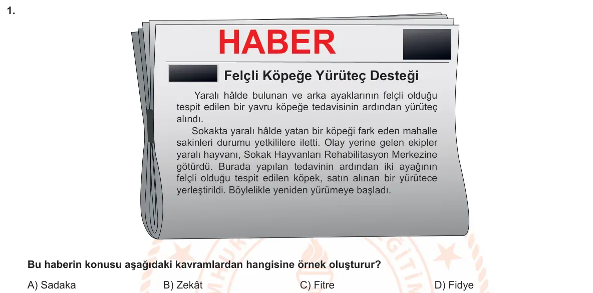 LGS Örnek Soruları Kasım 2019 Sözel Din Kültürü ve Ahlak Bilgisi 1. Soru görseli