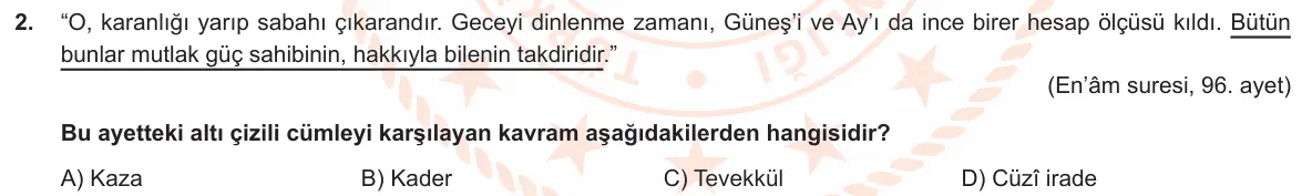 LGS Örnek Soruları Kasım 2019 Sözel Din Kültürü ve Ahlak Bilgisi 2. Soru görseli