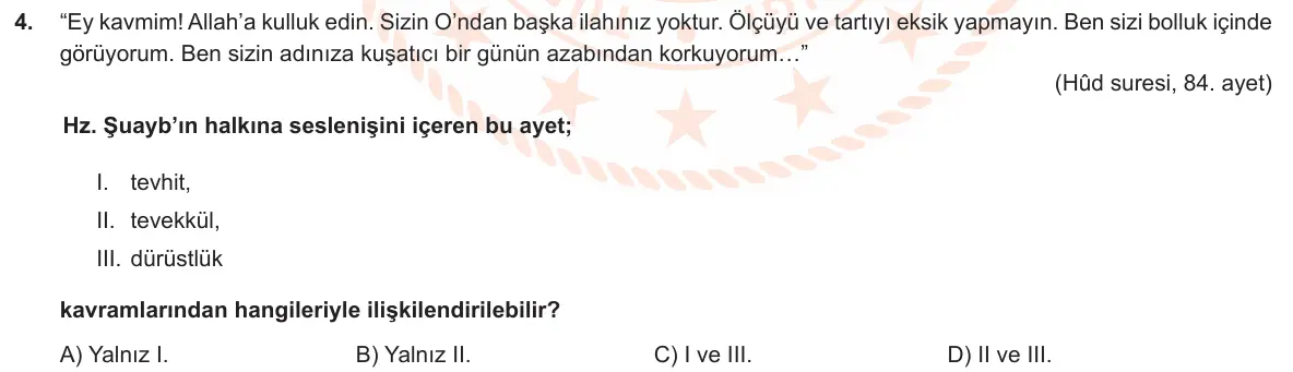LGS Örnek Soruları Kasım 2019 Sözel Din Kültürü ve Ahlak Bilgisi 4. Soru görseli