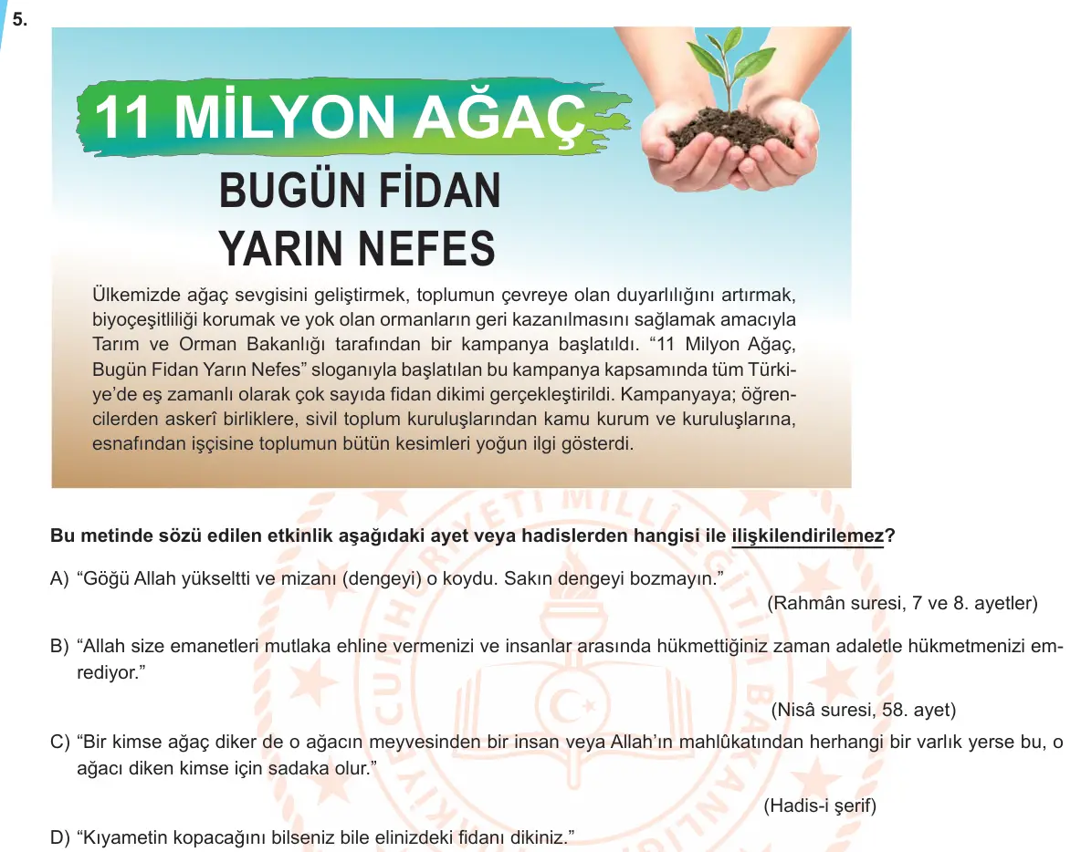 LGS Örnek Soruları Kasım 2019 Sözel Din Kültürü ve Ahlak Bilgisi 5. Soru görseli