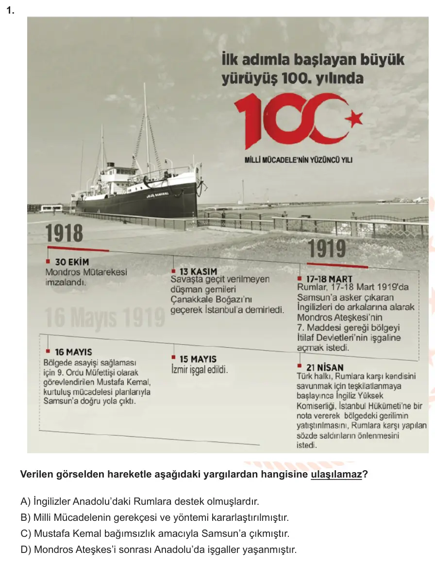 LGS Örnek Soruları Kasım 2019 Sözel T.C. İnkılap Tarihi ve Atatürkçülük 1. Soru görseli