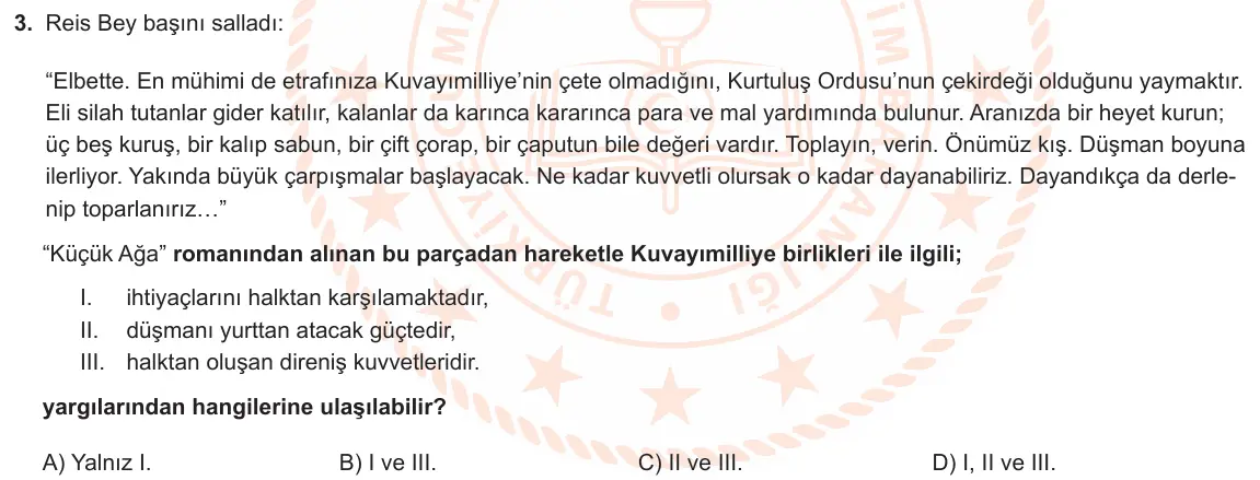 LGS Örnek Soruları Kasım 2019 Sözel T.C. İnkılap Tarihi ve Atatürkçülük 3. Soru görseli