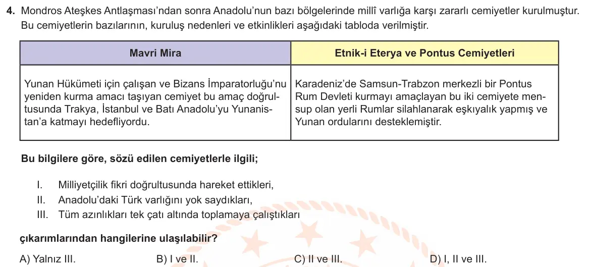 LGS Örnek Soruları Kasım 2019 Sözel T.C. İnkılap Tarihi ve Atatürkçülük 4. Soru görseli