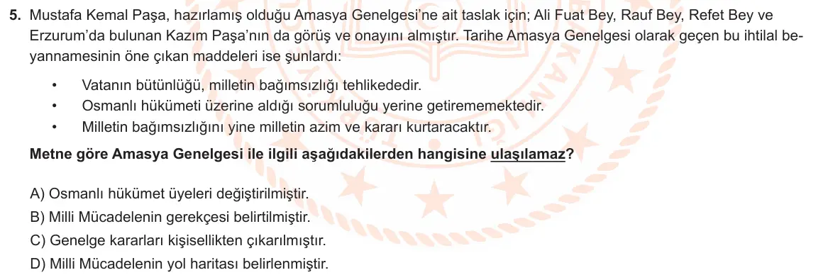 LGS Örnek Soruları Kasım 2019 Sözel T.C. İnkılap Tarihi ve Atatürkçülük 5. Soru görseli