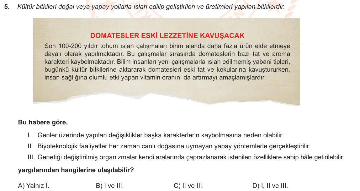 LGS Örnek Soruları Mart 2020 Sayısal Fen Bilimleri 5. Soru görseli
