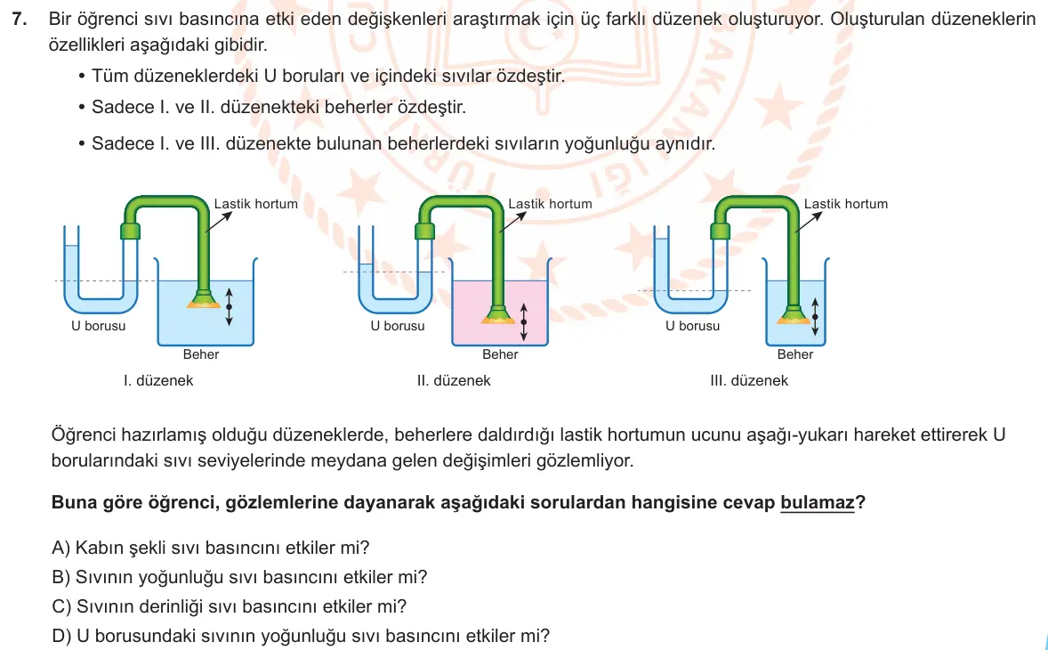 LGS Örnek Soruları Mart 2020 Sayısal Fen Bilimleri 7. Soru görseli