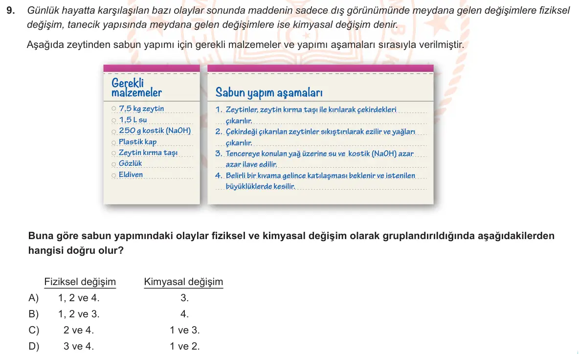 LGS Örnek Soruları Mart 2020 Sayısal Fen Bilimleri 9. Soru görseli