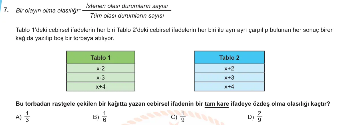 LGS Örnek Soruları Mart 2020 Sayısal Matematik 7. Soru görseli