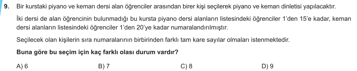 LGS Örnek Soruları Mart 2020 Sayısal Matematik 9. Soru görseli