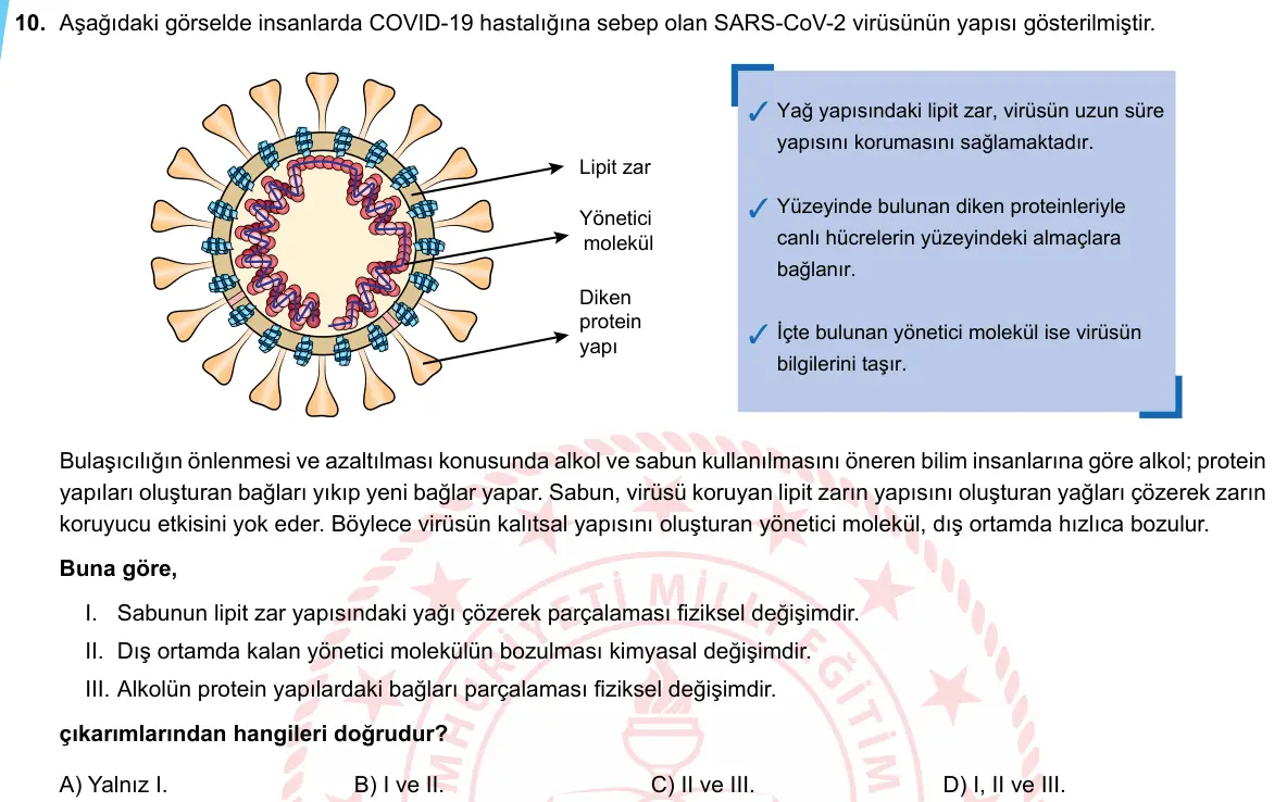LGS Örnek Soruları Mayıs 2020 Sayısal (1. set) Fen Bilimleri 10. Soru görseli