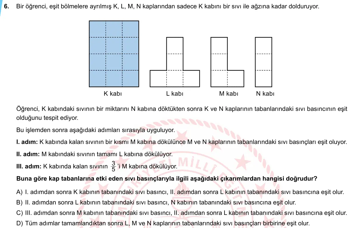 LGS Örnek Soruları Mayıs 2020 Sayısal (1. set) Fen Bilimleri 6. Soru görseli