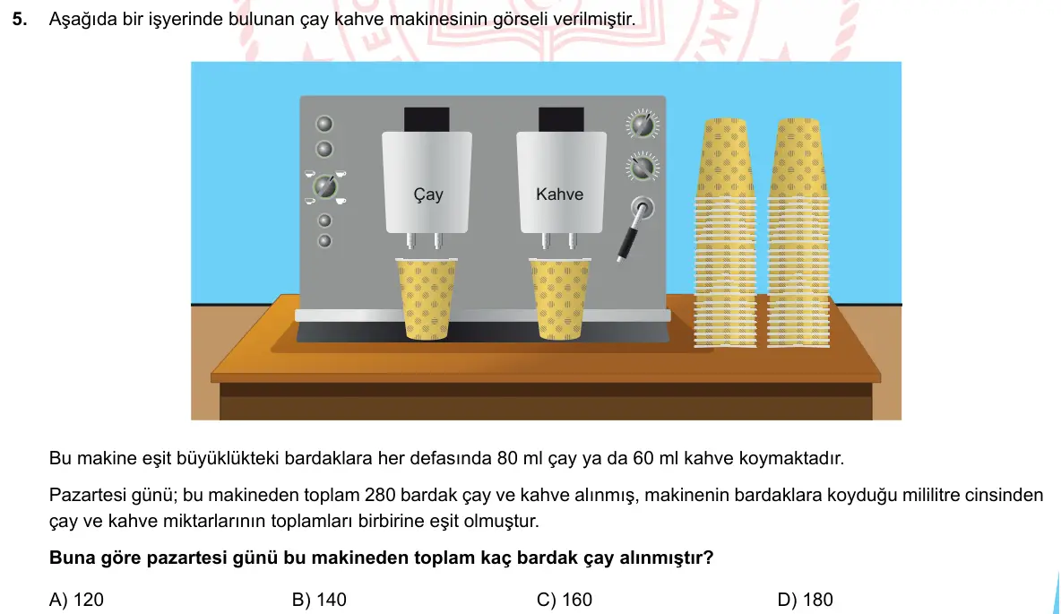 LGS Örnek Soruları Mayıs 2020 Sayısal (1. set) Matematik 5. Soru görseli