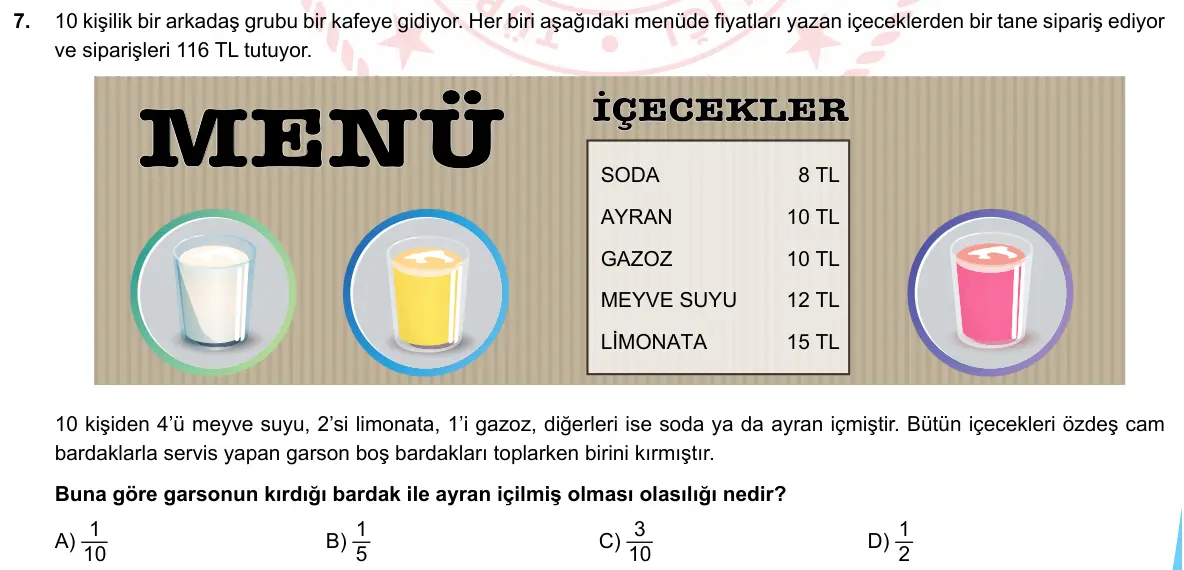 LGS Örnek Soruları Mayıs 2020 Sayısal (1. set) Matematik 7. Soru görseli