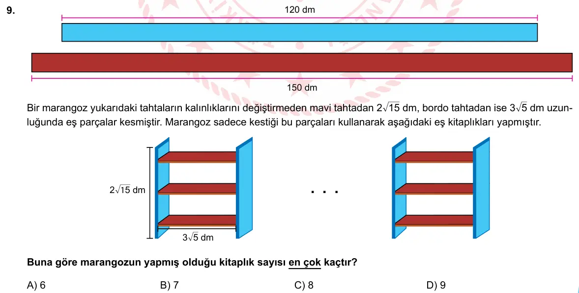 LGS Örnek Soruları Mayıs 2020 Sayısal (1. set) Matematik 9. Soru görseli