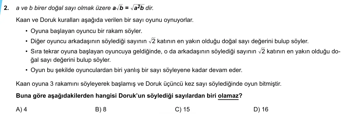LGS Örnek Soruları Mayıs 2020 Sayısal Matematik 2. Soru görseli