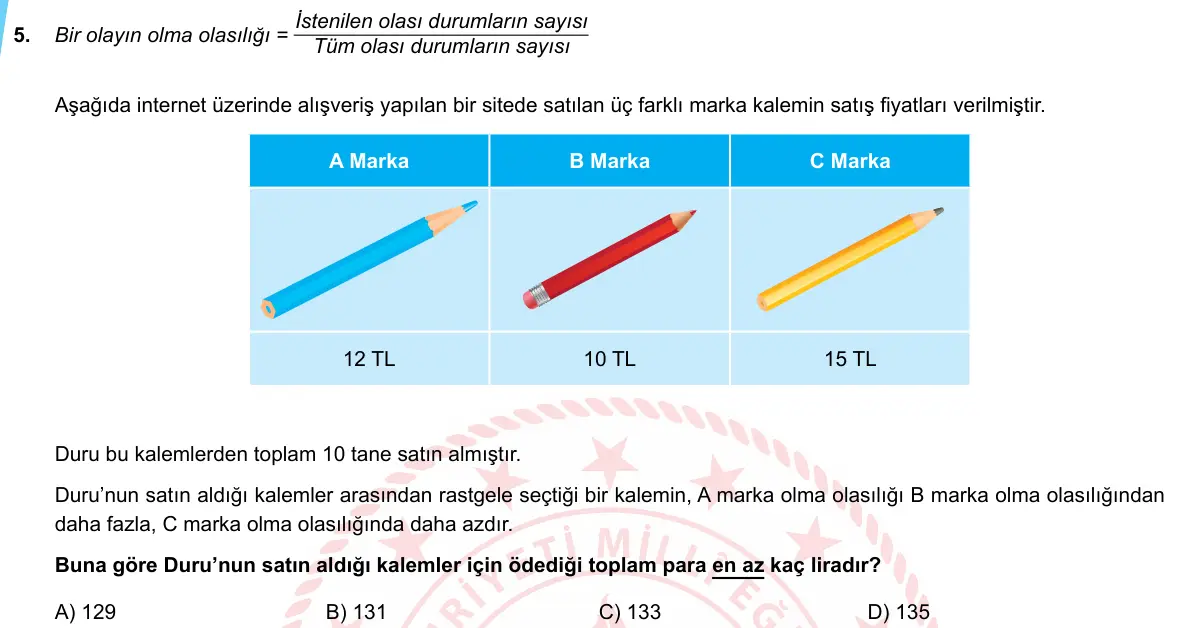 LGS Örnek Soruları Mayıs 2020 Sayısal Matematik 5. Soru görseli