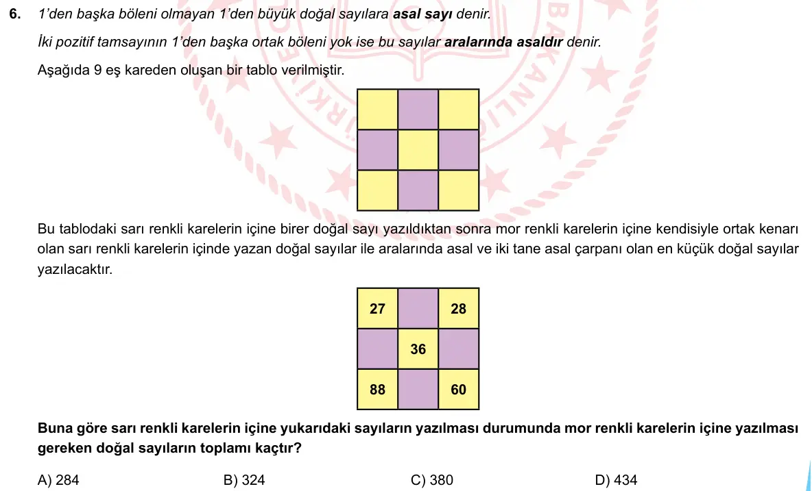 LGS Örnek Soruları Mayıs 2020 Sayısal Matematik 6. Soru görseli