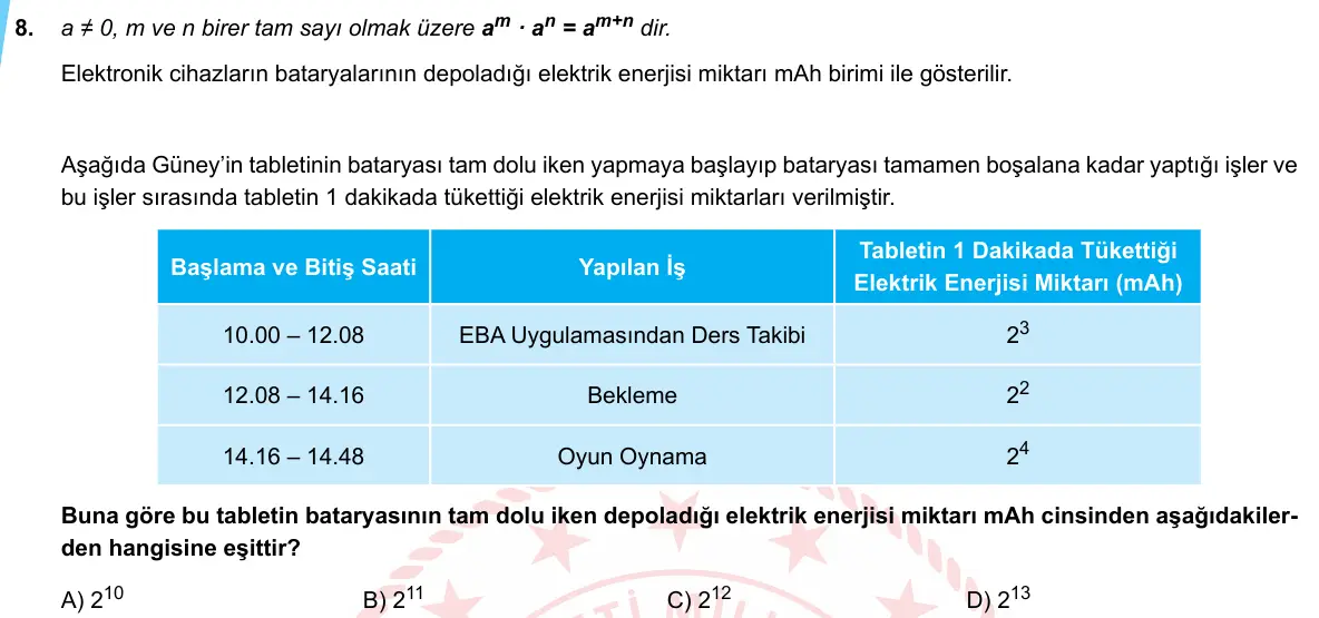 LGS Örnek Soruları Mayıs 2020 Sayısal Matematik 8. Soru görseli