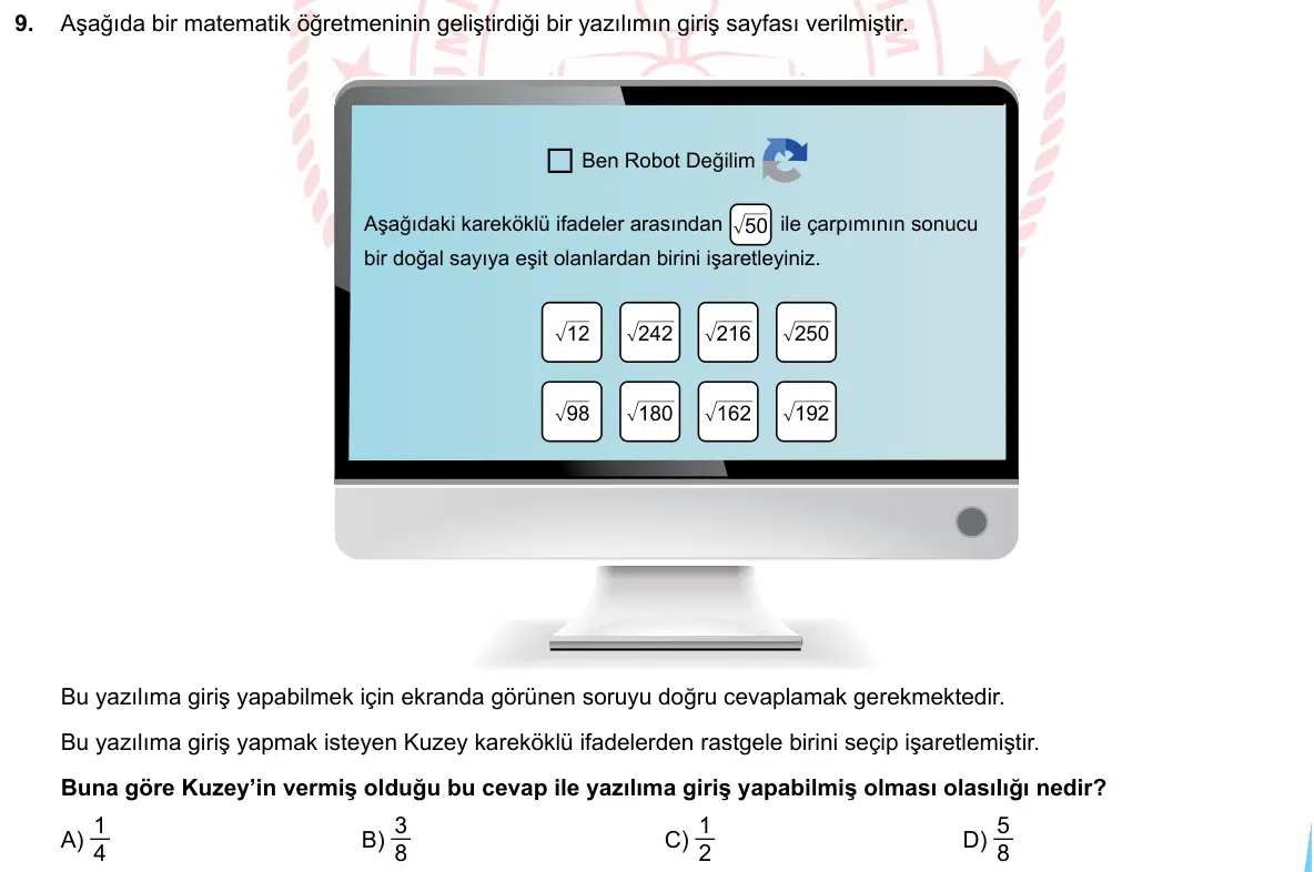 LGS Örnek Soruları Mayıs 2020 Sayısal Matematik 9. Soru görseli