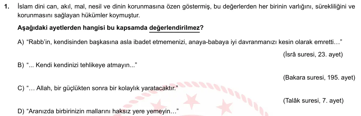 LGS Örnek Soruları Mayıs 2020 Sözel (1. set) Din Kültürü ve Ahlak Bilgisi 1. Soru görseli