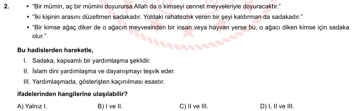 LGS Örnek Soruları Mayıs 2020 Sözel (1. set) Din Kültürü ve Ahlak Bilgisi 2. Soru görseli