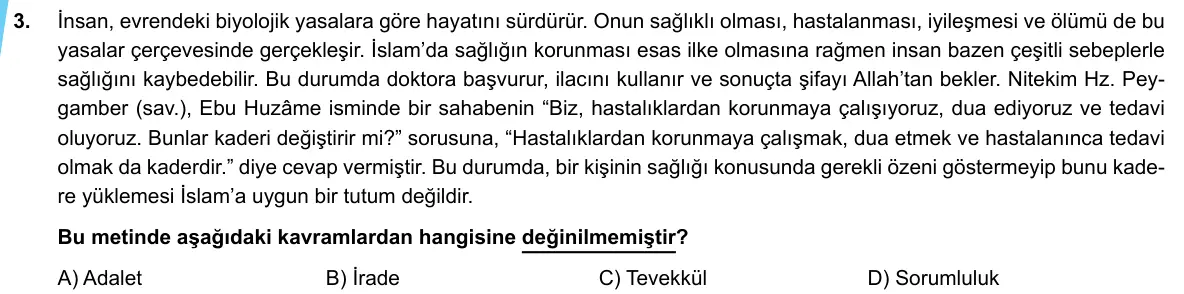 LGS Örnek Soruları Mayıs 2020 Sözel (1. set) Din Kültürü ve Ahlak Bilgisi 3. Soru görseli