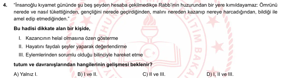 LGS Örnek Soruları Mayıs 2020 Sözel (1. set) Din Kültürü ve Ahlak Bilgisi 4. Soru görseli