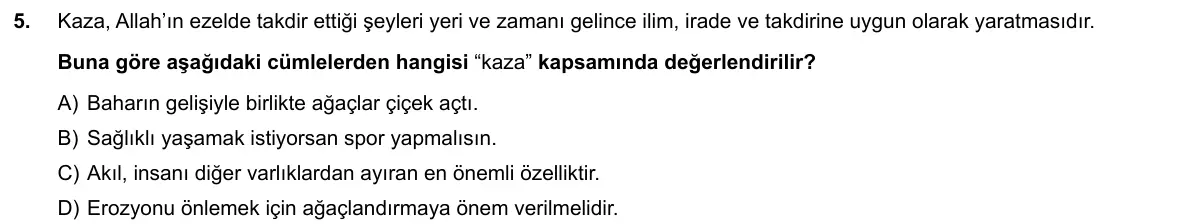 LGS Örnek Soruları Mayıs 2020 Sözel (1. set) Din Kültürü ve Ahlak Bilgisi 5. Soru görseli