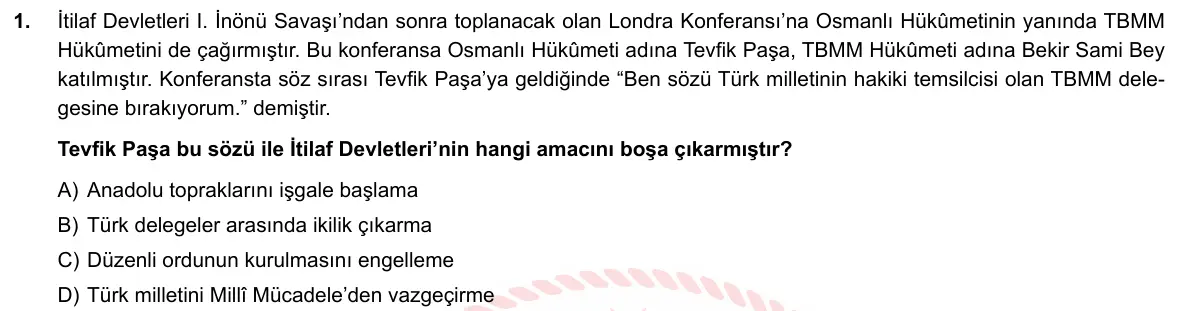 LGS Örnek Soruları Mayıs 2020 Sözel (1. set) T.C. İnkılap Tarihi ve Atatürkçülük 1. Soru görseli