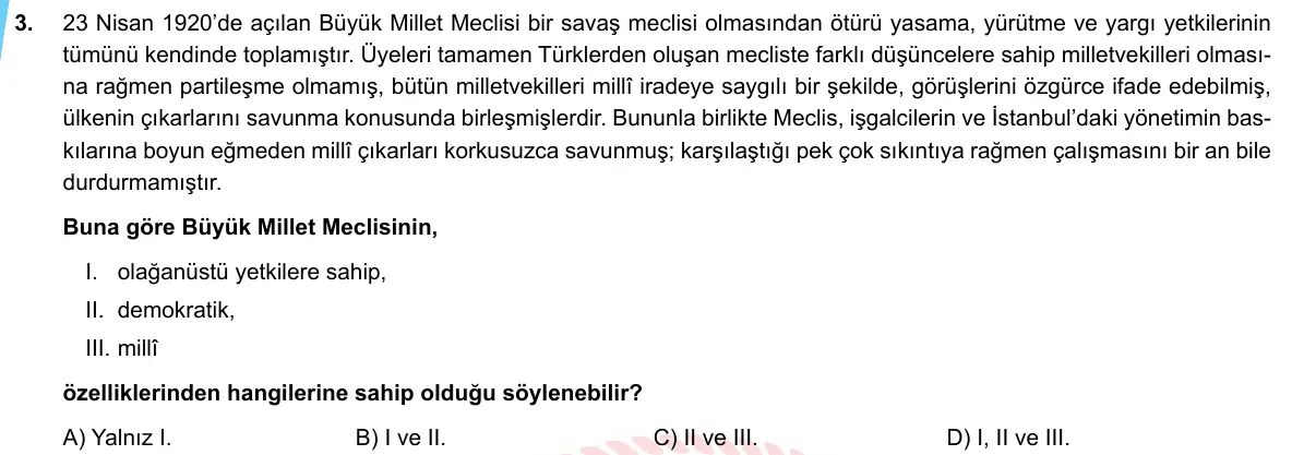 LGS Örnek Soruları Mayıs 2020 Sözel (1. set) T.C. İnkılap Tarihi ve Atatürkçülük 3. Soru görseli