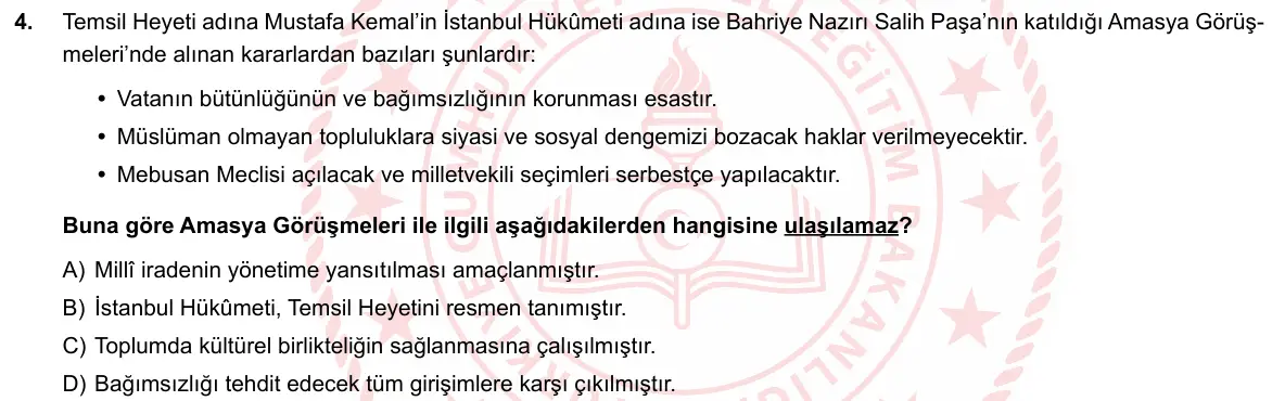 LGS Örnek Soruları Mayıs 2020 Sözel (1. set) T.C. İnkılap Tarihi ve Atatürkçülük 4. Soru görseli