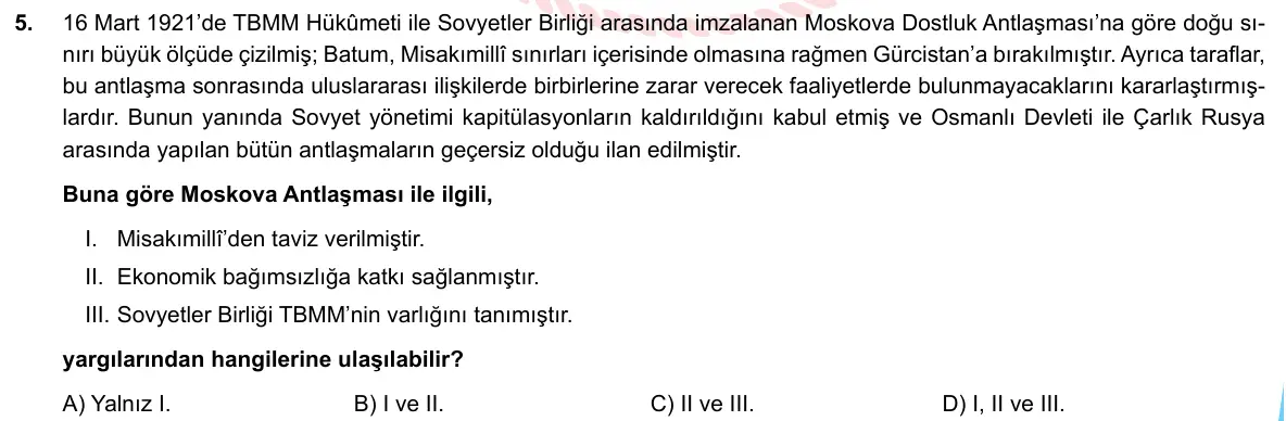 LGS Örnek Soruları Mayıs 2020 Sözel (1. set) T.C. İnkılap Tarihi ve Atatürkçülük 5. Soru görseli