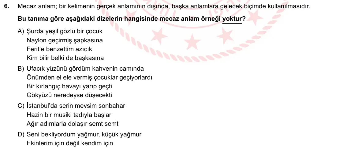 LGS Örnek Soruları Mayıs 2020 Sözel (1. set) Türkçe 6. Soru görseli