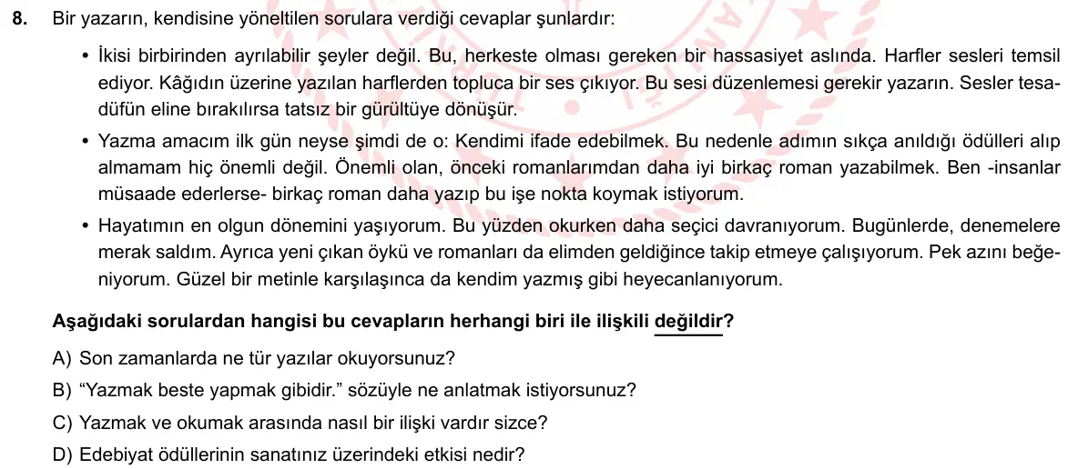 LGS Örnek Soruları Mayıs 2020 Sözel (1. set) Türkçe 8. Soru görseli