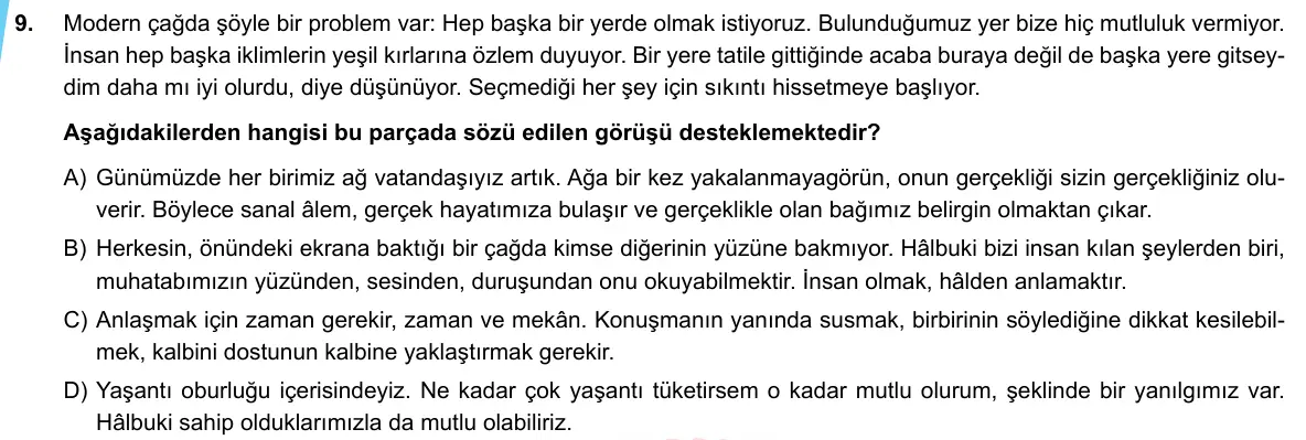 LGS Örnek Soruları Mayıs 2020 Sözel (1. set) Türkçe 9. Soru görseli
